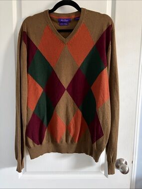 Alan Flusser Argyle Crewneck Sweater in Brown, Burgundy, Green & Orange